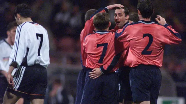 Don Hutchison celebrates Scotland winner against Germany