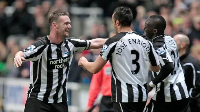 Kevin Nolan celebrates with Jose Enrique and Cheick Tiote in 2011 against Arsenal