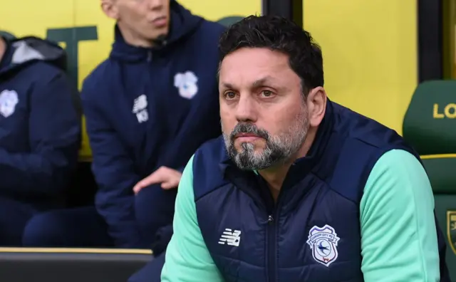 Cardiff City manager Erol Bulut sat in the dug-out at Norwich