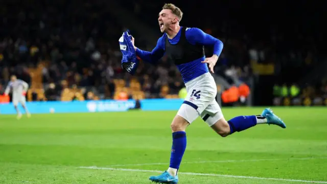 Jack Taylor of Ipswich Town celebrates scoring his team's second goal during the Premier League match between Wolverhampton Wanderers FC and Ipswich Town FC 