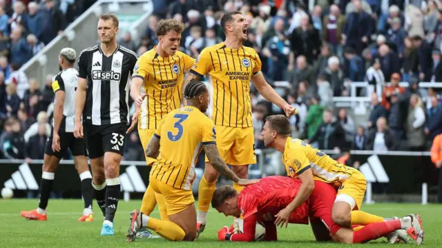 Brighton players celebrate victory against Newcastle 