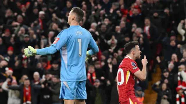 Bernd Leno exasperated as Diogo Jota celebrates scoring goal