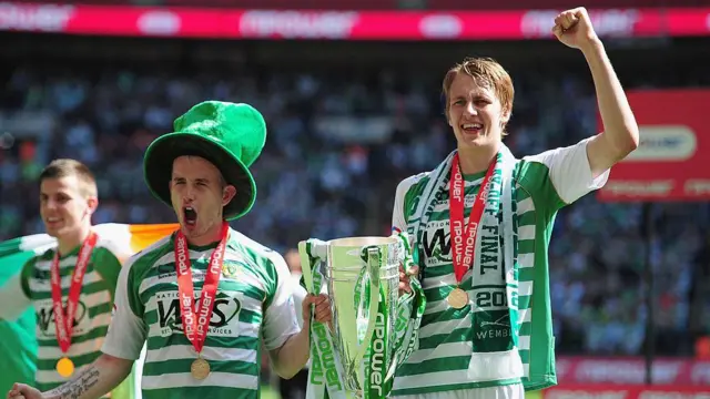Dan Burn and Patrick Madden of Yeovil Town celebrate promotion after the 2013 League One play off final