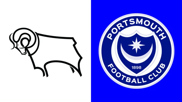 The club badges of Derby County and Portsmouth