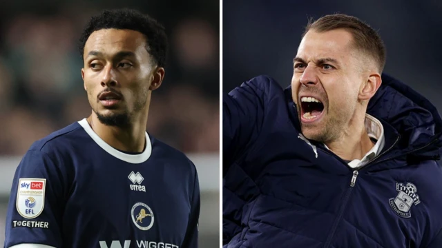 Side-by-side close-ups of Femi Azeez wearing a dark blue Millwall home kit and Tonda Eckert wearing a dark blue puffer jacket with the Southampton crest on the front