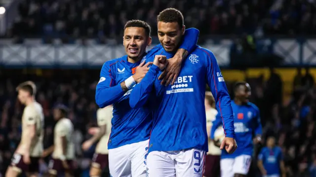 Rangers' Cyriel Dessers celebrates scoring to make it 1-0 with teammate James Tavernier