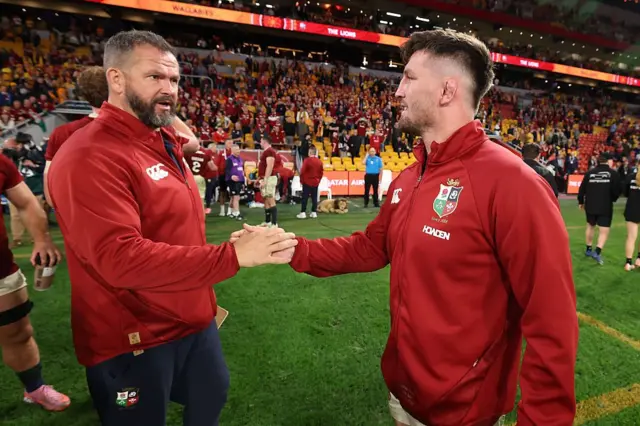 Lions Head Coach Andy Farrell congratulates Tom Curry of British and Irish Lions at the end of the 1st Test Match between Australia Wallabies and British & Irish Lions at Suncorp Stadium.