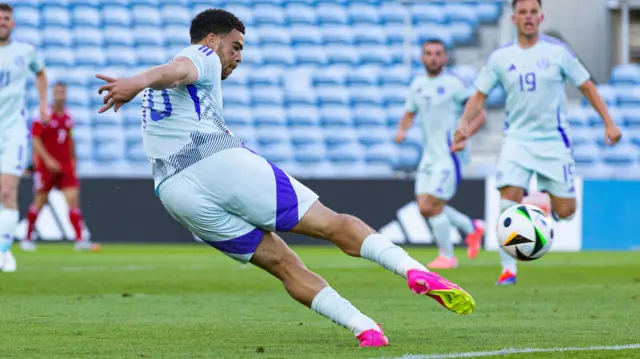 Scotland's Che Adams scores to make it 2-0 during an International Friendly match between Gibraltar and Scotland at Estadio Algarve, on June 03, 2024, in Faro, Portugal.