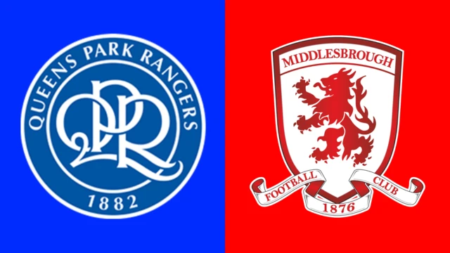 The QPR and Middlesbrough club badges side by side. The QPR ones shows the letters QPR entwined inside a circle on a blue background. The Middlesbrough badge shows a red lion rampant on a white background