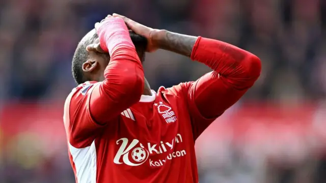 Callum Hudson-Odoi of Nottingham Forest reacts after a missed chance during the Premier League match between Nottingham Forest and Manchester City at City Ground