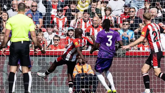 Brentford's Yoane Wissa scores his 19th Premier League goal of the season against Fulham