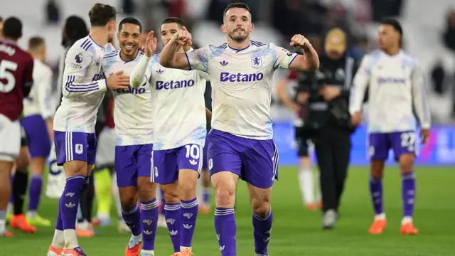 Villa players celebrating comeback victory against West Ham 