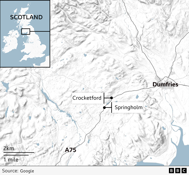 A map of south west Scotland showing the locations of Crocketford and Springholm - a few miles to the west of Dumfries towards Stranraer