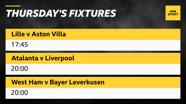 Thursdays Europa League fixtures: Lille v Aston Villa 17:45, Atalanta v Liverpool 20:00, West Ham v Bayer Leverkusen 20:00