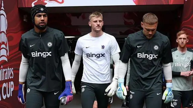 Rob Sanchez, Teddy Sharman-Lowe and Filip Jorgensen walking out of the tunnel to do a warm up ahead of the FA Cup final at Wembley