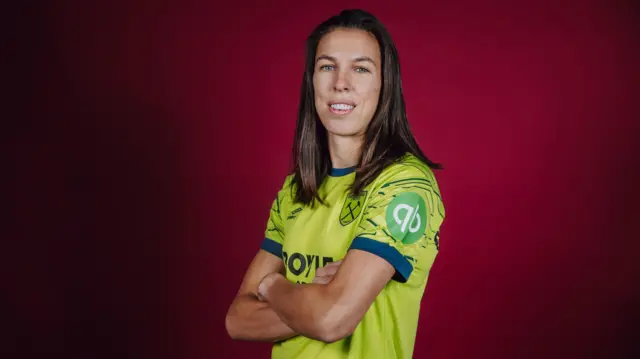 Constance Picaud poses in West Ham shirt 