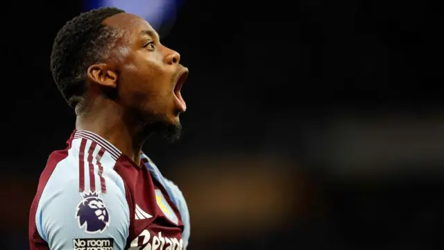 Jhon Duran of Aston Villa celebrates following the Premier League match between Aston Villa and Everton at Villa Park. 