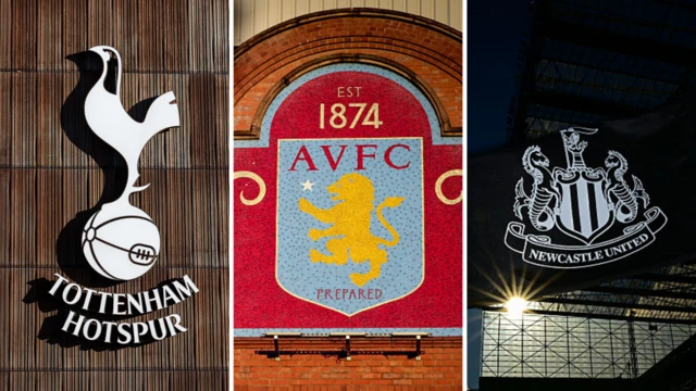 A split graphic of Tottenham Hotspur badge, Aston Villa badge and the Newcastle United badge