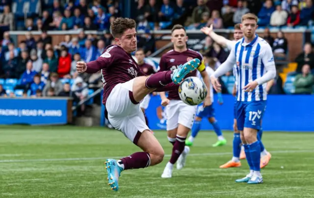 Hearts' Cammy Devlin in action during a cinch Premiership match between Kilmarnock and Heart of Midlothain at Rugby Park, on April 27, 2024, in Kilmarnock, Scotland.  