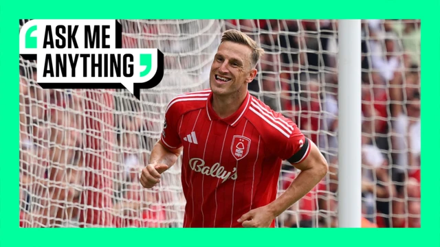 Chris Wood celebrating a goal for Nottingham Forest. The image is surrounded by a green border with 'Ask Me Anything' in the top corner.