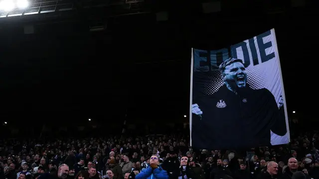 A banner on display among the Newcastle fans showing Eddie Howe prior to the Premier League match between Newcastle and Aston Villa