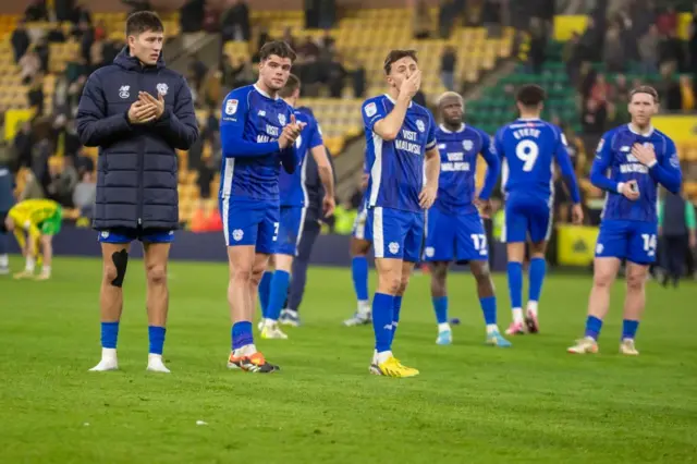 Cardiff players show their disappointment after last weekend's loss at Norwich