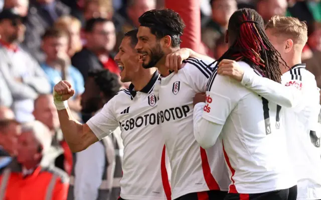 Fulham striker Raul Jimenez celebrates scoring from the penalty spot against Nottingham Forest