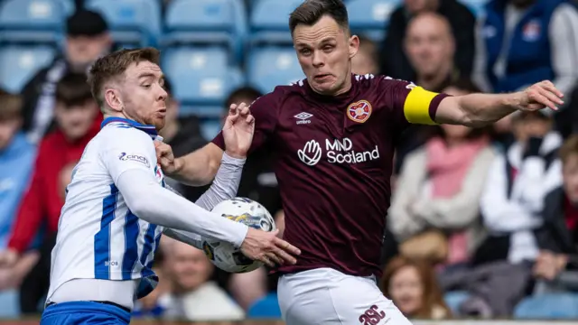 Hearts' Lawrence Shankland claims for a handball against Kilmarnock's Stuart Findlay