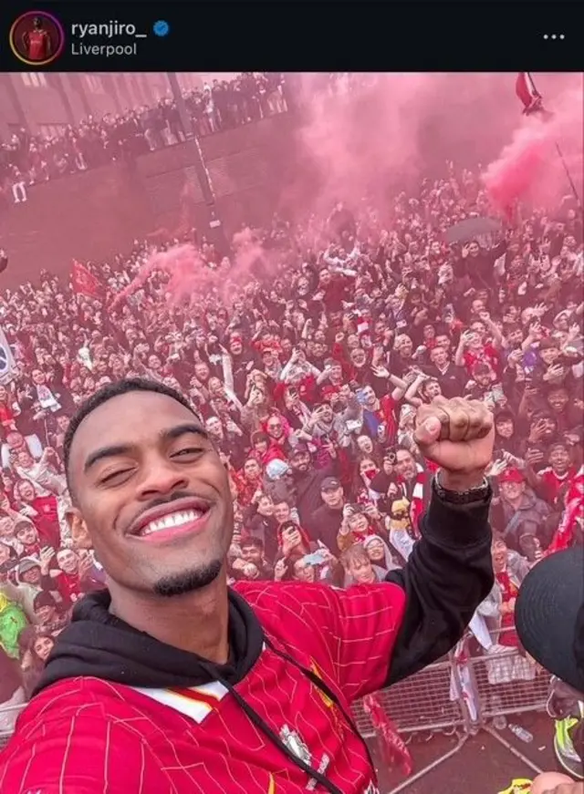 Instagram post from Ryan Gravenberch at the Liverpool FC title parade