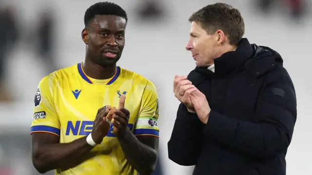 Crystal Palace manager Oliver Glasner talks to captain Marc Guehi after victory over West Ham