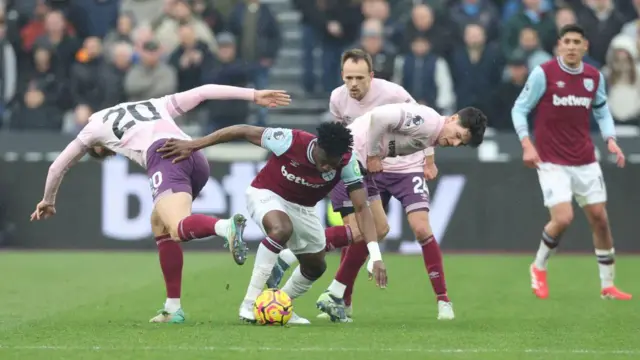 West Ham United's struggles for the ball against Kristoffer Ajer and Christian Norgaard