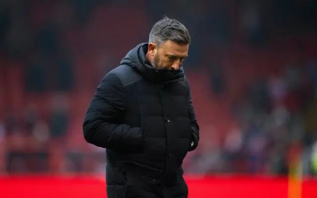 Kilmarnock Manager Derek McInnes looks dejected at full time during a Scottish Cup Quarter Final match between Aberdeen and Kilmarnock at Pittodrie Stadium, on March 09, 2024, in Aberdeen, Scotland.