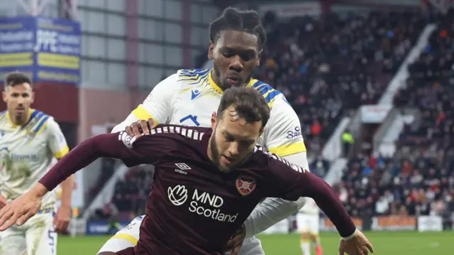 Hearts' Jorge Grant and St Johnstone's Daniel Phillips