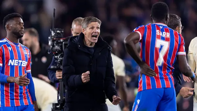 Oliver Glasner manager of Crystal Palace celebrates with Ismaila Sarr of Crystal Palace.