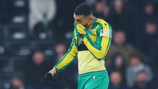 West Brom forward Karlan Grant heads off with a hamstring injury at Derby