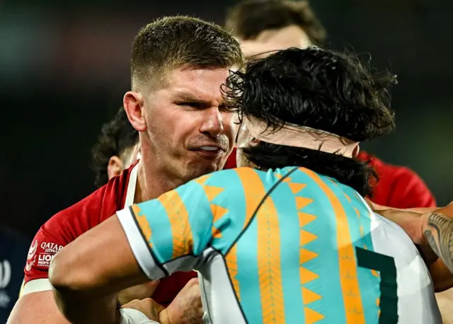 Owen Farrell was also amongst the scuffling.