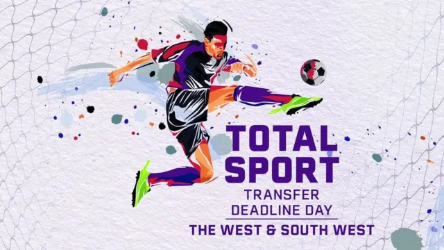 light purple background with footballer made of bright watercolours in action kicking a ball next to the words 'total sport transfer deadline day the west and south west'