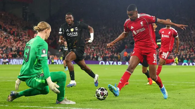 Alexander Isak of Liverpool is denied by Matvey Safonov of Paris Saint-Germain