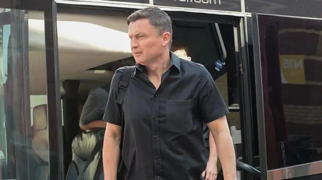 Preston North End manager Paul Heckingbottom gets off the team bus at Bristol City