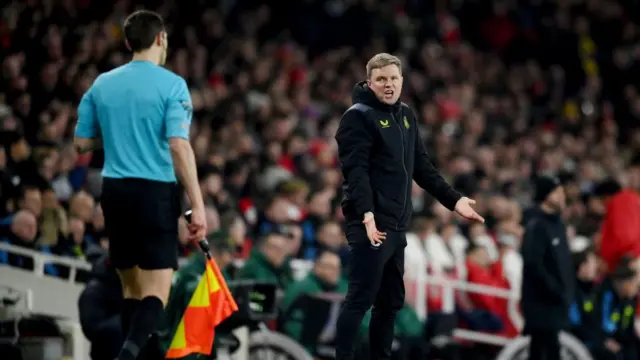 Eddie Howe, Manager of Newcastle United, reacts towards the Assistant Referee