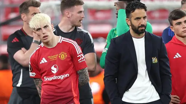 Dejection for Manchester United manager Ruben Amorim and Alejandro Garnacho at the end of the match during the UEFA Europa League Final 2025 between Tottenham Hotspur and Manchester United at San Mames Stadium