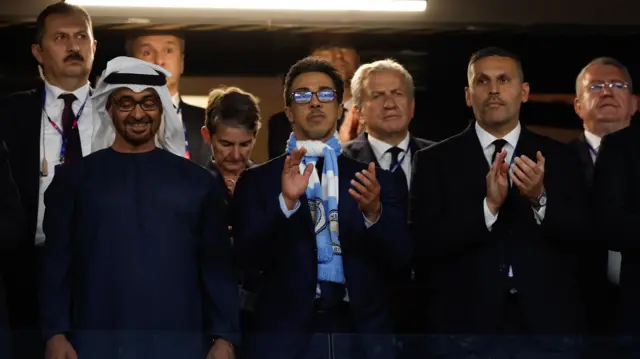 The Manchester City owner Sheikh Mansour next to chairman Khaldoon Al-Mubarak