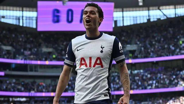 Brennan Johnson of Tottenham Hotspurs celebrates after scoring the first goal.