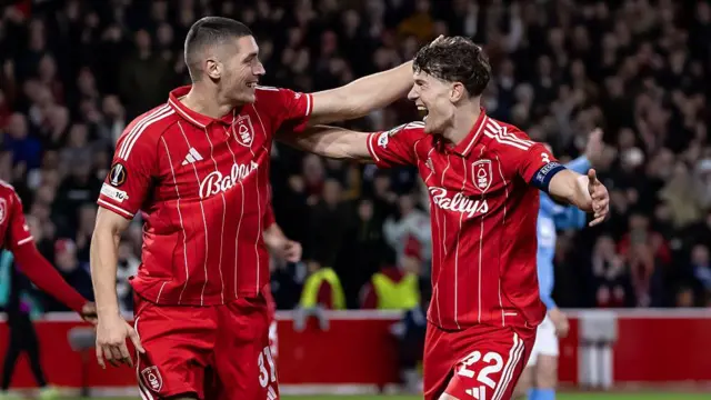Nottingham Forest's Nikola Milenkovic celebrates scoring his side's third goal with team mate Ryan Yates