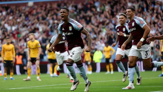 Ezri Konsa celebrates scoring for Aston Villa against Wolves in September 2024