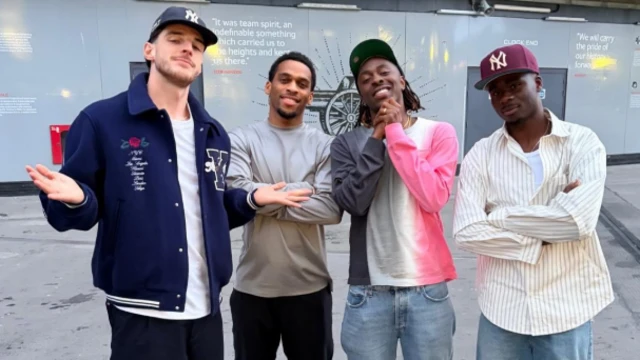 Declan Rice, Jurrien Timber, Bukayo Saka and Eberechi Eze outside Emirates Stadium in their casual clothes as they celebrate Arsenal's title win