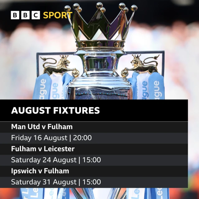 Fulham's August fixture graphic: Man Utd v Fulham, Fulham v Leicester, Ipswich v Fulham