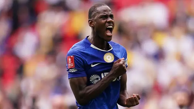 Trevoh Chalobah grabbing his shirt and shouting while celebrating a win over Leeds in the FA Cup semi-final