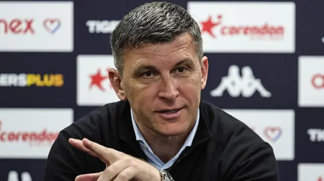 Sergej Jakirovi, manager of Hull City, speaks at the post-match press conference during the Sky Bet Championship Play-Offs Semi-Final first leg between Hull City and Millwall. 