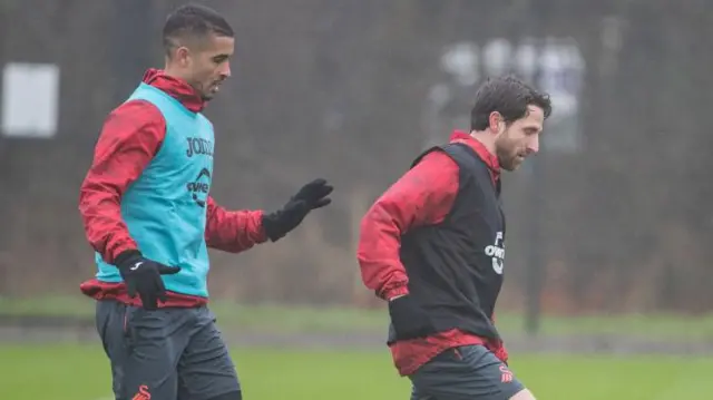 Kyle Naughton and Joe Allen during a Swansea training session 